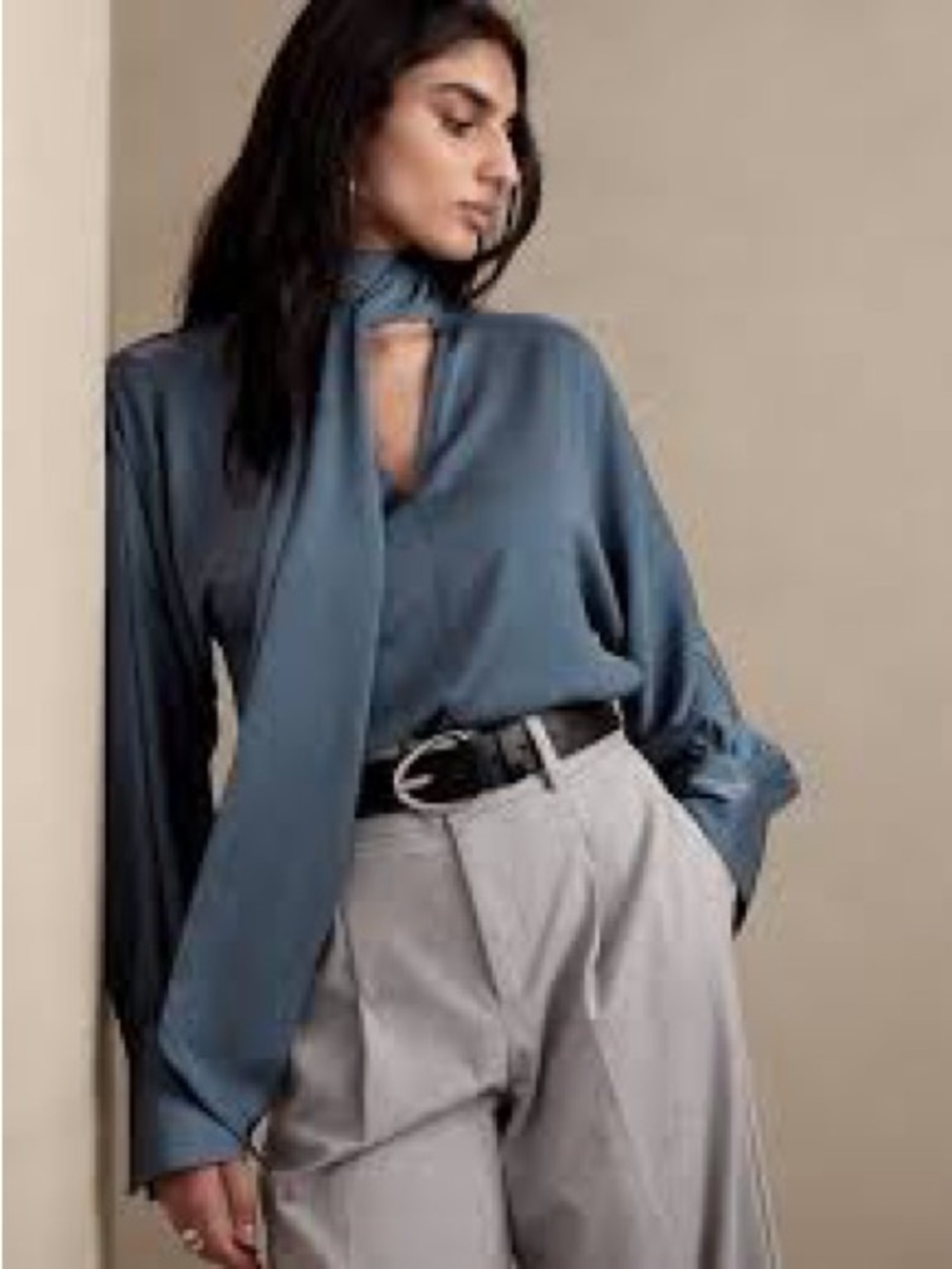 NEW Banana Republic Slate Blue Tie-Neck Satin Blouse Sz XS